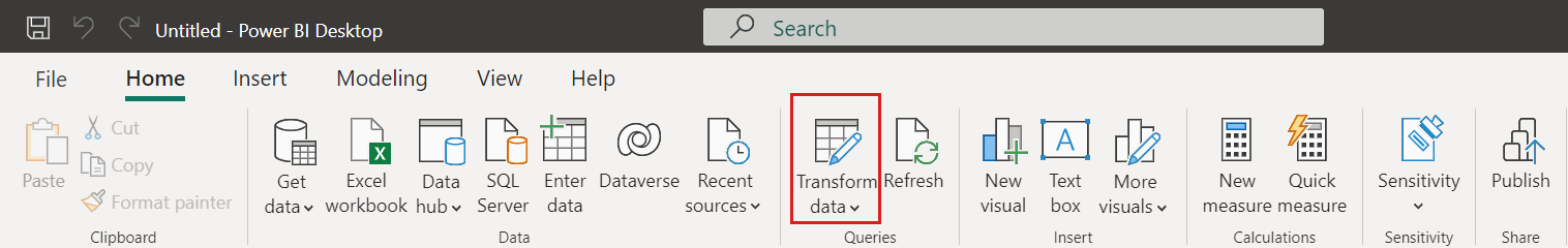 Screenshot der Option „Daten transformieren“ in Power BI Desktop.