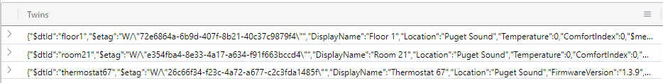 Screenshot der Zwillinge, die in der Azure Digital Twins-Instanz vorhanden sind.