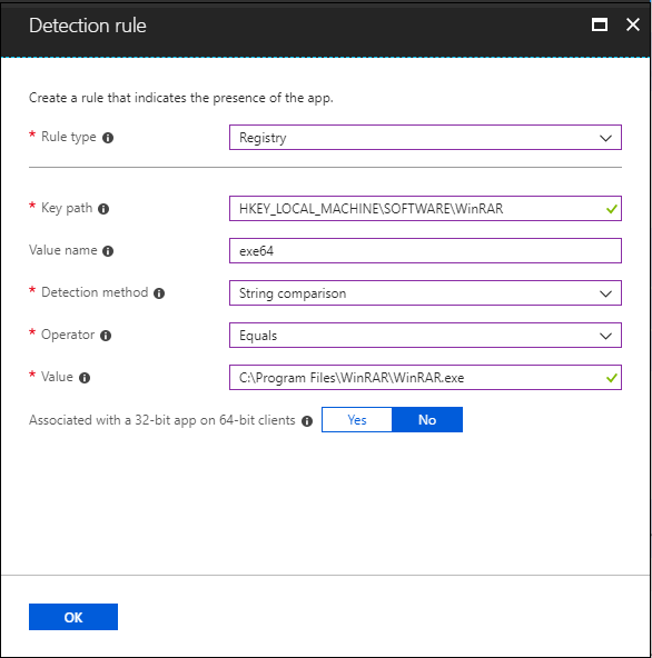 Screenshot des Erkennungsregelbereichs – Zeichenfolge für Registrierungswert ist identisch