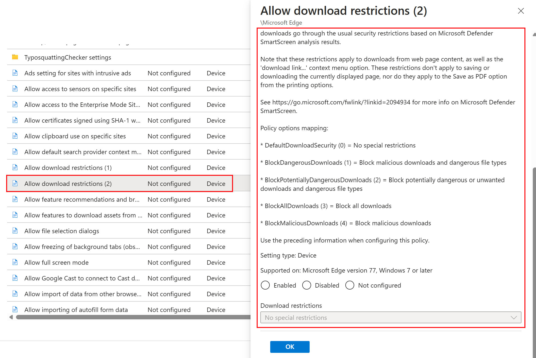 Screenshot: Auswählen einer Microsoft Edge ADMX-Vorlage und Auswählen einer Beispieleinstellung in Microsoft Intune und Intune Admin Center