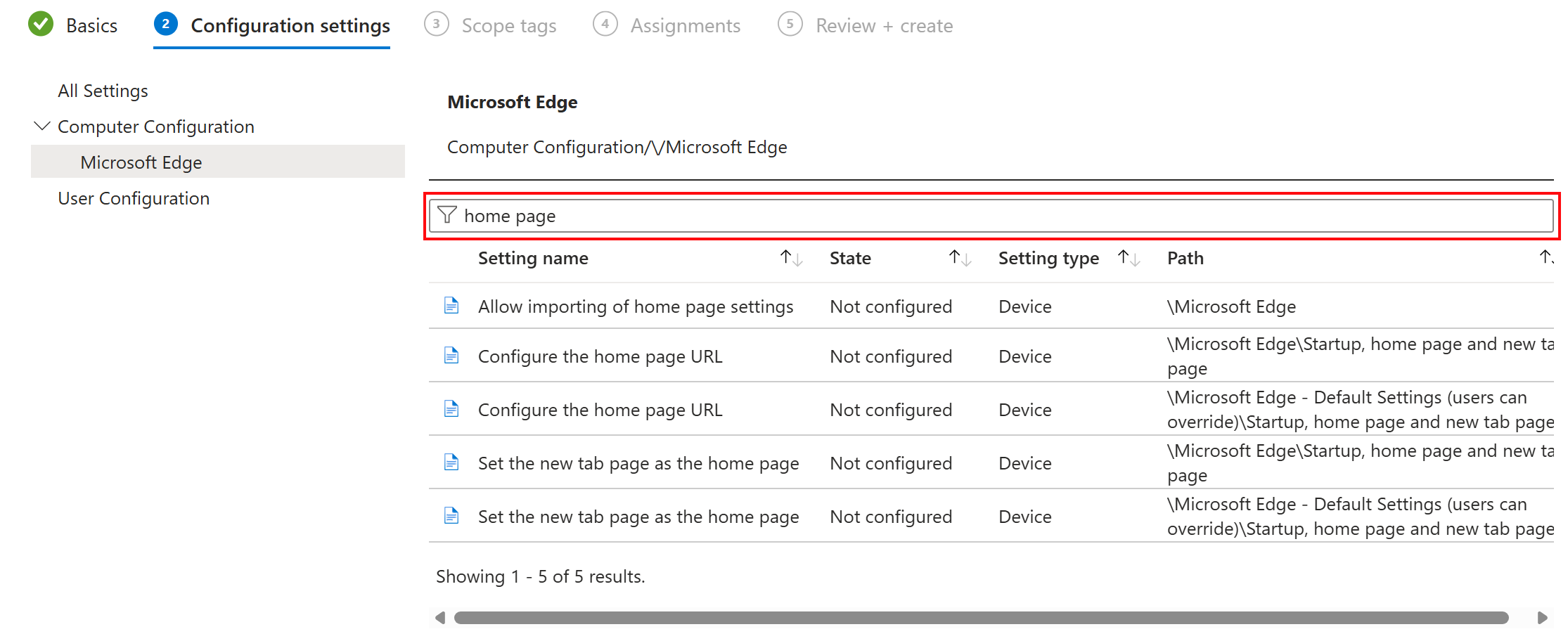 Screenshot: Verwenden der Suche zum Filtern von ADMX-Einstellungen in Microsoft Intune und Intune Admin Center