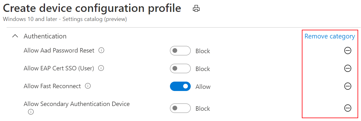 Screenshot, der den Einstellungskatalog zeigt und dass die Standardwerte in Microsoft Intune und Intune Admin Center mit den Standardwerten des Betriebssystems identisch sind.