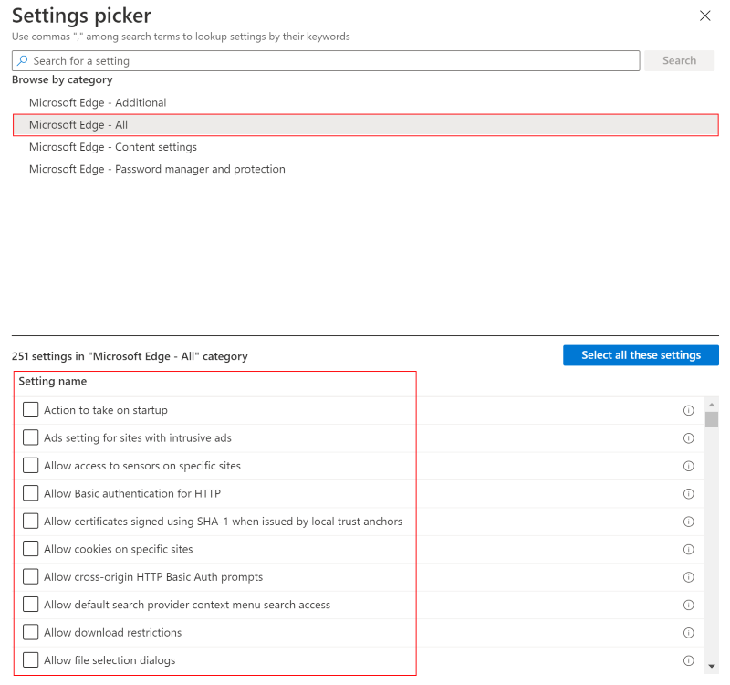 Screenshot, der den Einstellungskatalog zeigt, wenn Sie macOS auswählen und ein Feature oder eine Kategorie in Microsoft Intune und Intune Admin Center auswählen.