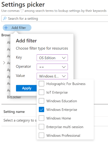 Screenshot: Einstellungskatalog beim Filtern der Einstellungsliste nach Windows Edition in Microsoft Intune und Intune Admin Center