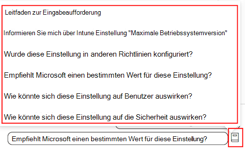 Screenshot, der die Copilot-Eingabeaufforderungsanleitung zeigt, wenn Sie eine Einstellung in einer Compliance-Richtlinie in Microsoft Intune und dem Intune Admin Center hinzufügen.