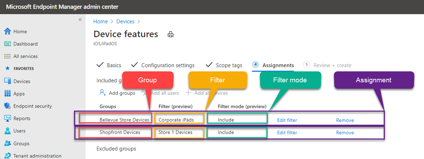 Screenshot: Beispiel für einen Zuweisungskonflikt bei der Verwendung von Filtern in Microsoft Intune