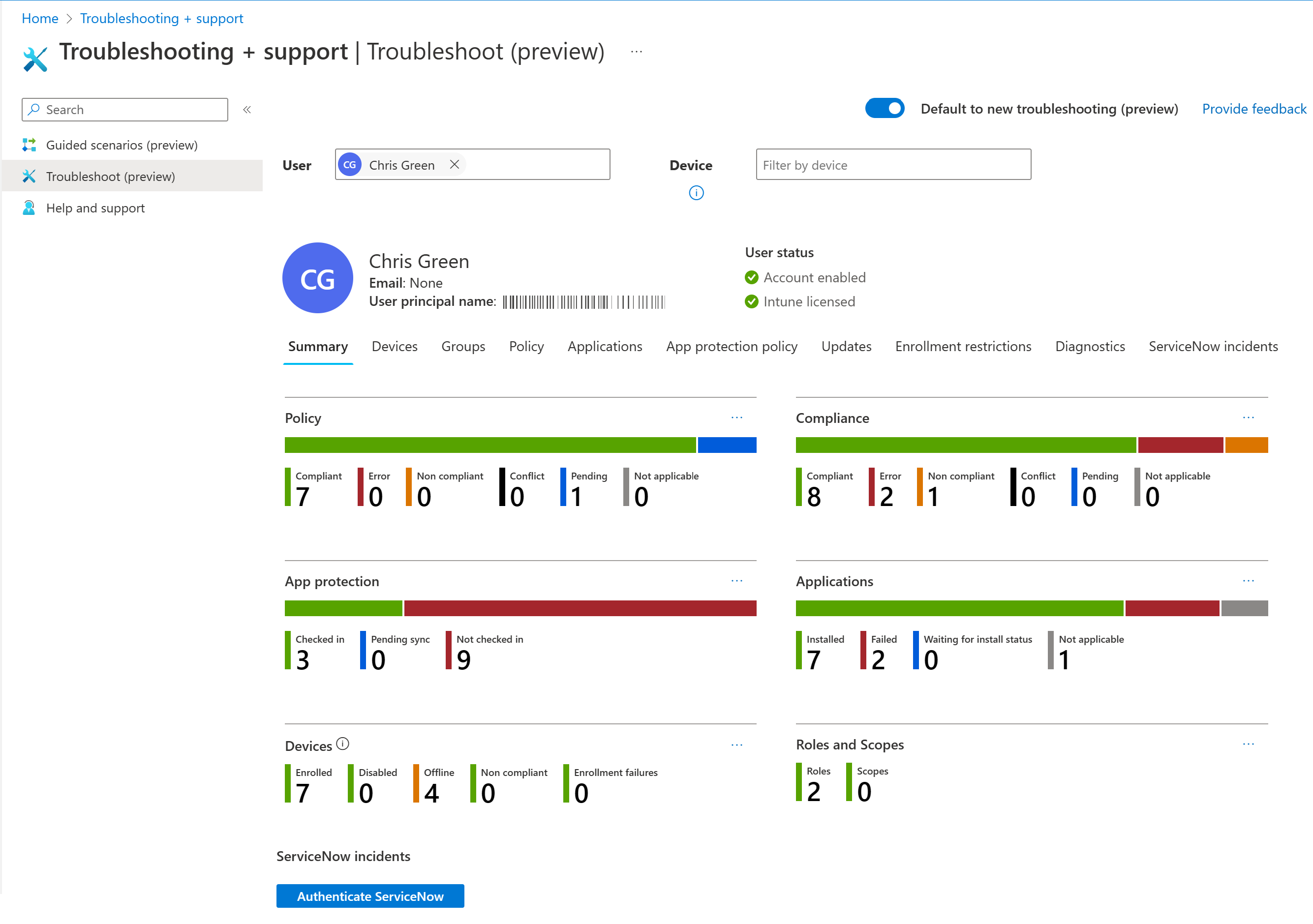 Screenshot: Intune problembehandlung Dashboard mit der Registerkarte 