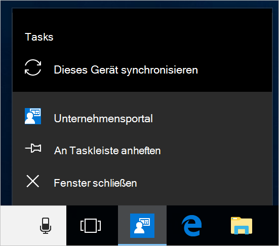 Screenshot der Windows-Taskleiste auf dem Desktop eines Geräts. Unternehmensportal App-Symbol ausgewählt wurde und ein Menü mit den Optionen 