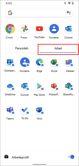 Screenshot der Registerkarte „Arbeit“ in einem Google Pixel 4-App-Drawer