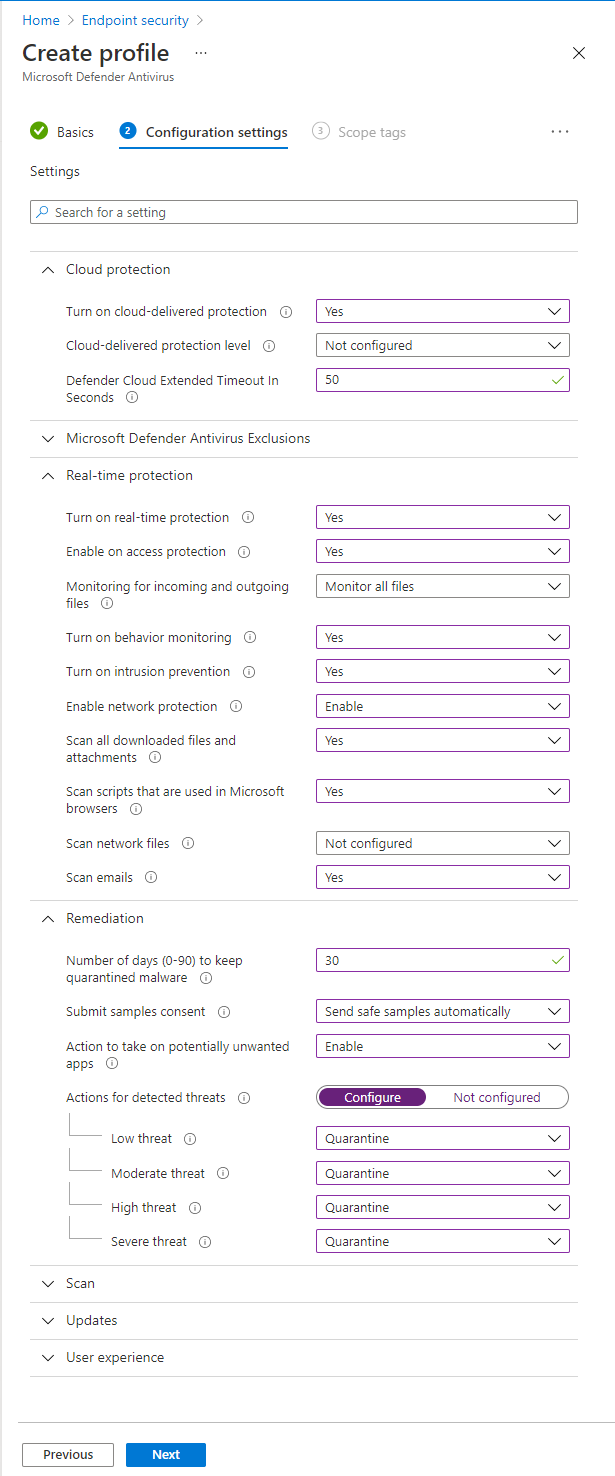 Screenshot: Beispiel für ein Microsoft Defender Antivirus-Profil in Microsoft Intune