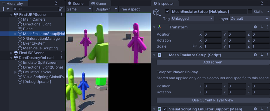 Screenshot eines Unity-Projekts, das den Mesh-Emulator ausführt.