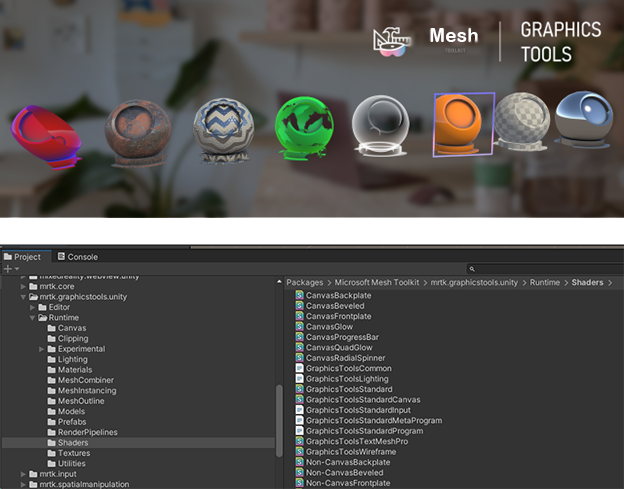 Screenshot von Shadern, die im Mesh-Toolkit verfügbar sind.