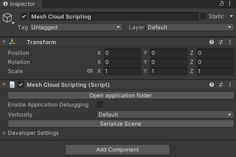 Screenshot der Mesh Cloud Scripting-Komponente, die an das GameObject angefügt ist.