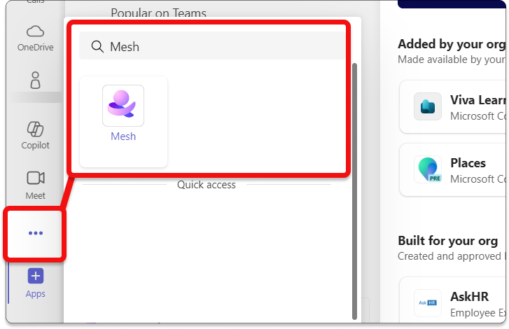 Screenshot von Microsoft Teams, der zeigt, wie Sie in Teams nach der Mesh-App suchen.