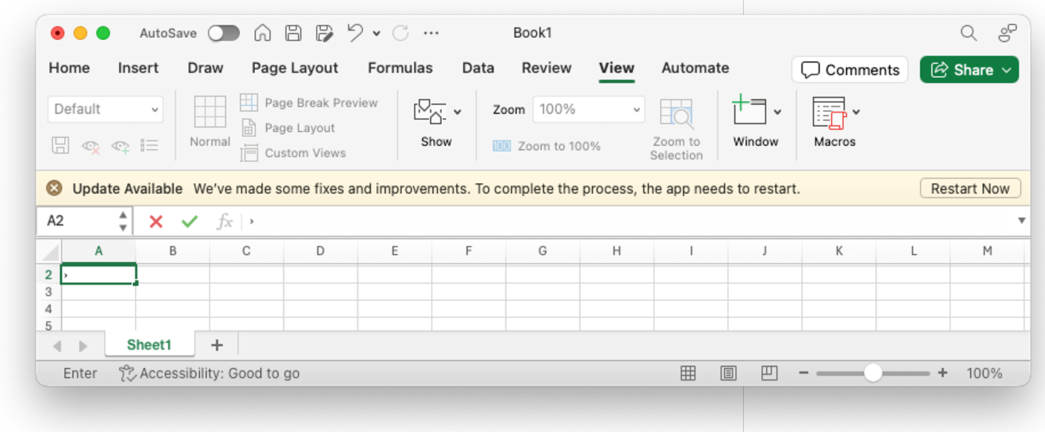 Schnittstelle von Microsoft Excel, die eine Benachrichtigung 