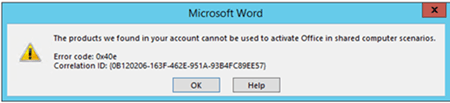 Screenshot der Aktivierungsfehlermeldung, die angibt, dass die gefundenen Produkte nicht zum Aktivieren von Office in Szenarien mit gemeinsam genutzten Computern verwendet werden können.