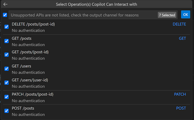 Screenshot des Api-Auswahldialogfelds in Visual Studio Code