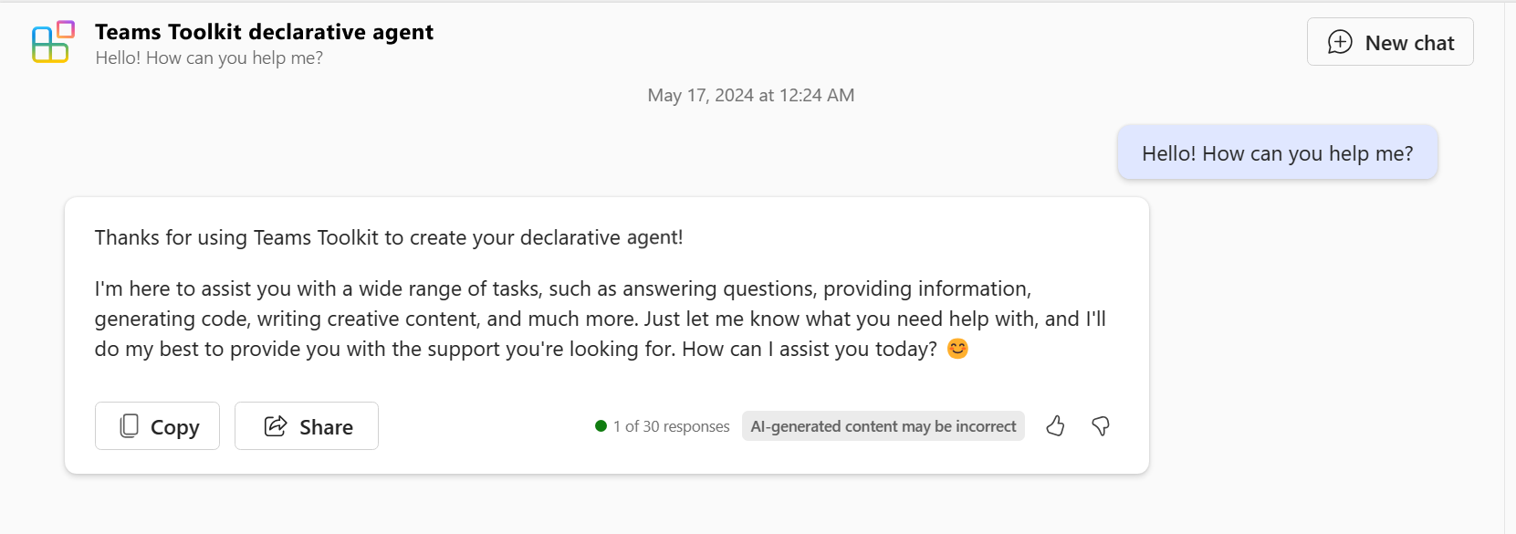 Screenshot: Antwort des deklarativen Agents in Microsoft 365 Copilot