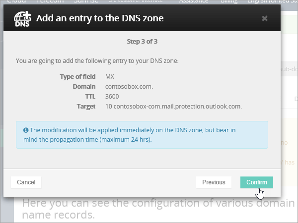 OVH MX-Eintrag wählen Sie Bestätigen aus.