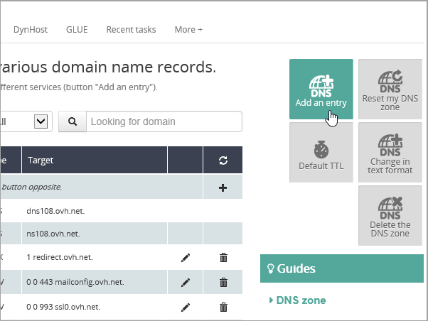 OVH Fügen Sie einen Eintrag hinzu.