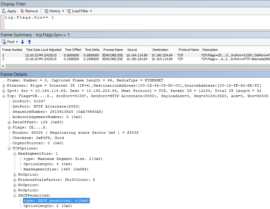 Selektive Bestätigung (SACK) in Netmon als Ergebnis von tcp.flags.syn == 1.