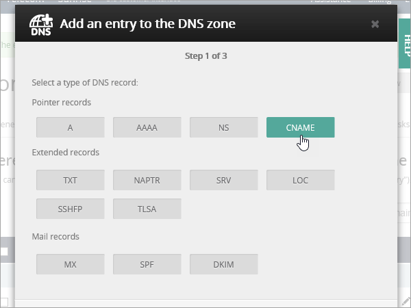 OVH Fügen Sie den CNAME-Eintragstyp hinzu.