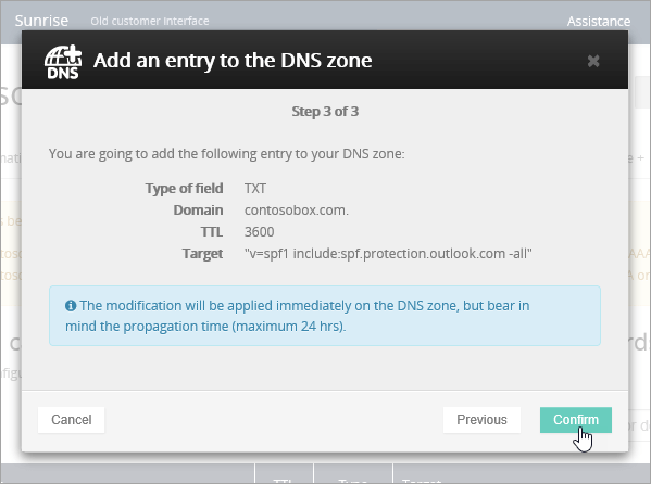 OVH Fügen Sie einen TXT-Eintrag für SPF hinzu und bestätigen.