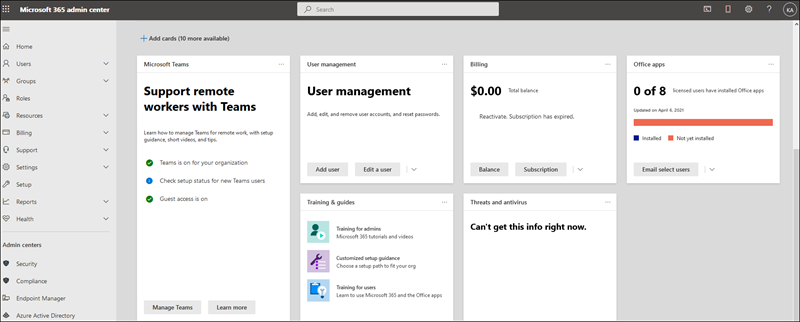 Screenshot: Dashboard-Ansicht des Admin Centers