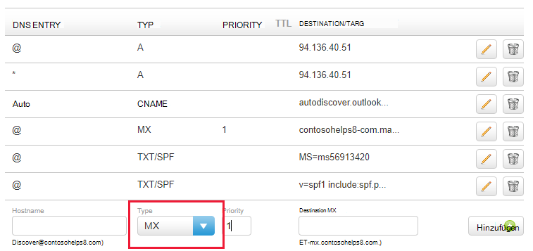 Wählen Sie in der Dropdownliste den MX-Typ aus, und geben Sie die Werte ein.