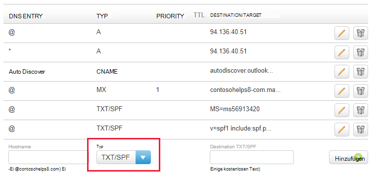 Wählen Sie in der Dropdownliste den Txt/SPF-Typ aus, und geben Sie die Werte ein.