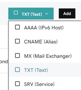 Wählen Sie in der Dropdownliste Typ für den TXT-Eintrag für die Domänenüberprüfung die Option TXT aus.