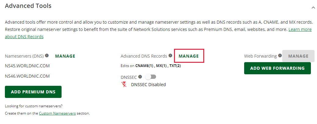 Wählen Sie neben Erweiterte DNS-Einträge die Option VERWALTEN aus.