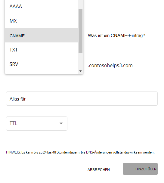 Wählen Sie in der Dropdownliste Typ die Option CNAME aus.