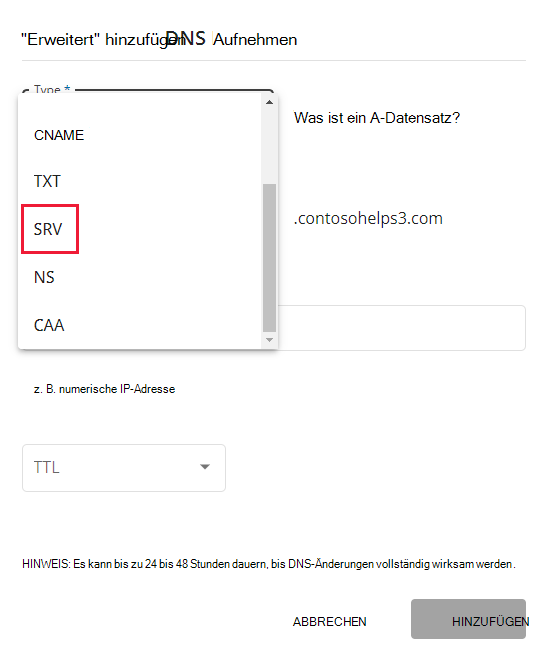 Wählen Sie in der Dropdownliste Typ die Option SRV aus.