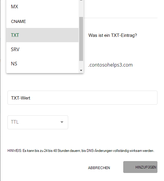 Wählen Sie in der Dropdownliste Typ für den TXT-Eintrag für die Domänenüberprüfung die Option TXT aus.