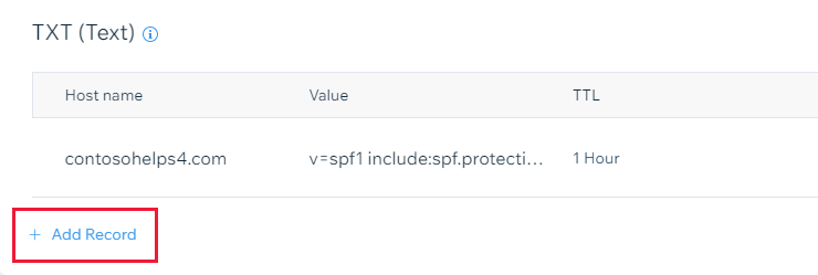 Screenshot: Auswählen von Add record (Eintrag hinzufügen), um einen TXT-Eintrag für die Domänenüberprüfung hinzuzufügen