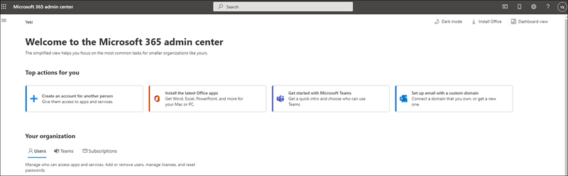 Screenshot: Vereinfachte Admin Center-Ansicht