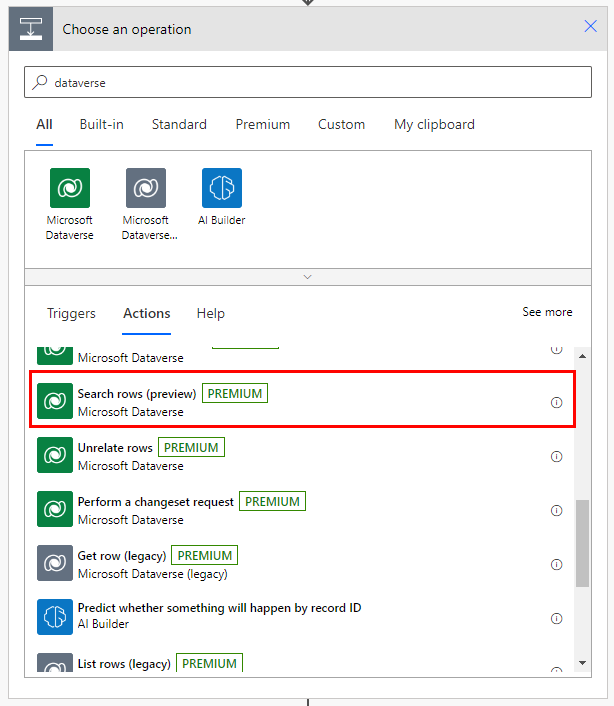 Screenshot der Aktion Dataverse Konnektor Zeilen suchen.