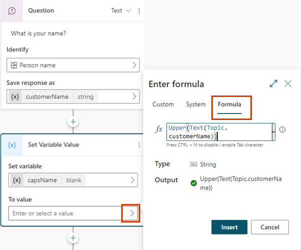 Screenshot einer Power Fx-Formel in einem Knoten Variable setzen, wobei die Registerkarte Formel hervorgehoben ist.