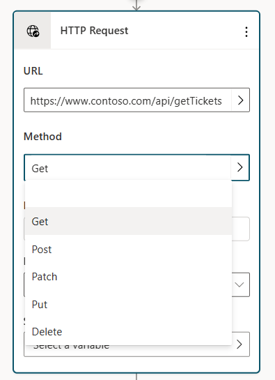 Screenshot der fertigen API-URL und des Methoden-Dropdowns