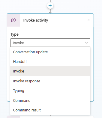 Screenshot mit dem Aktivitätsknoten „Invoke“ mit der Dropdownliste „Typ“.