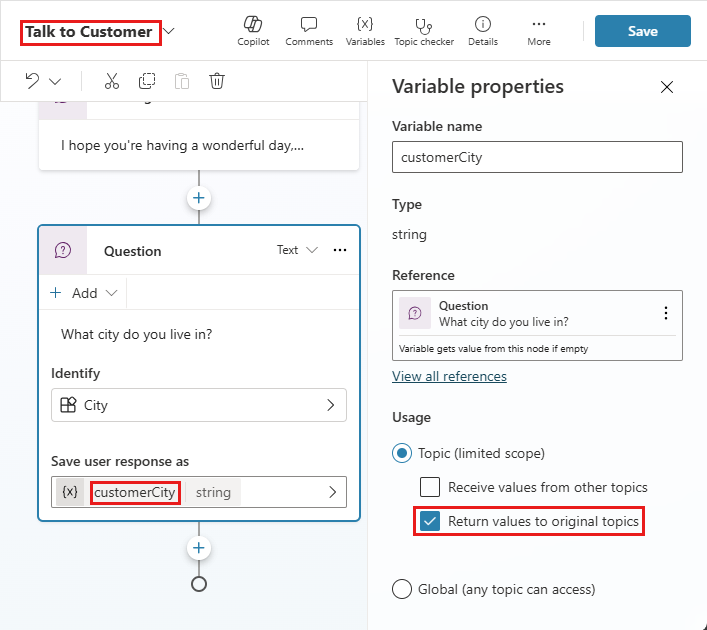 Screenshot des Themas „Mit dem Kunden sprechen“ mit hervorgehobener userCity-Variable und ihren Eigenschaften.