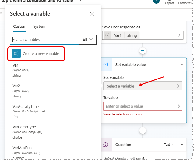 Screenshot der Schaltfläche „Neue Variable erstellen“.