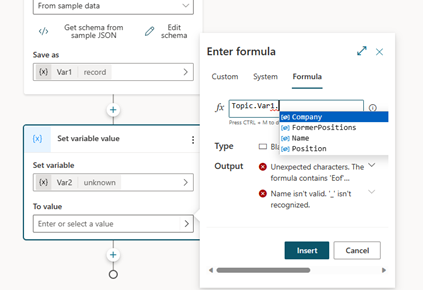 Screenshot, der den Zugriff auf das vollständige Intellisense für verschiedene Eigenschaften über den Power Fx Editor zeigt.