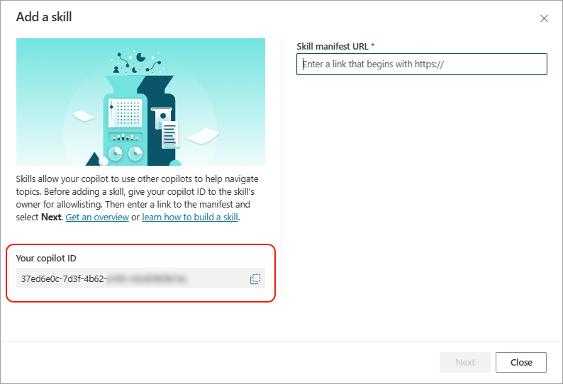 Screenshot mit Hervorhebung der Copilot-ID an der Seite des Fensters Skill hinzufügen.