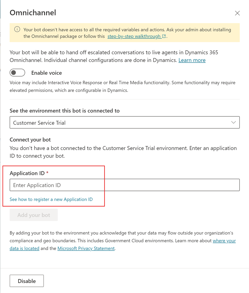 Der Dynamics 365-Konfigurationsbereich mit hervorgehobenem Abschnitt „Anwendungs-ID“.