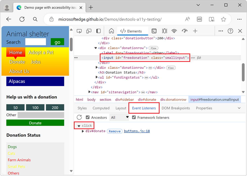 Die Registerkarte Ereignislistener mit einem Link zum JavaScript-Code, der das Formular funktioniert