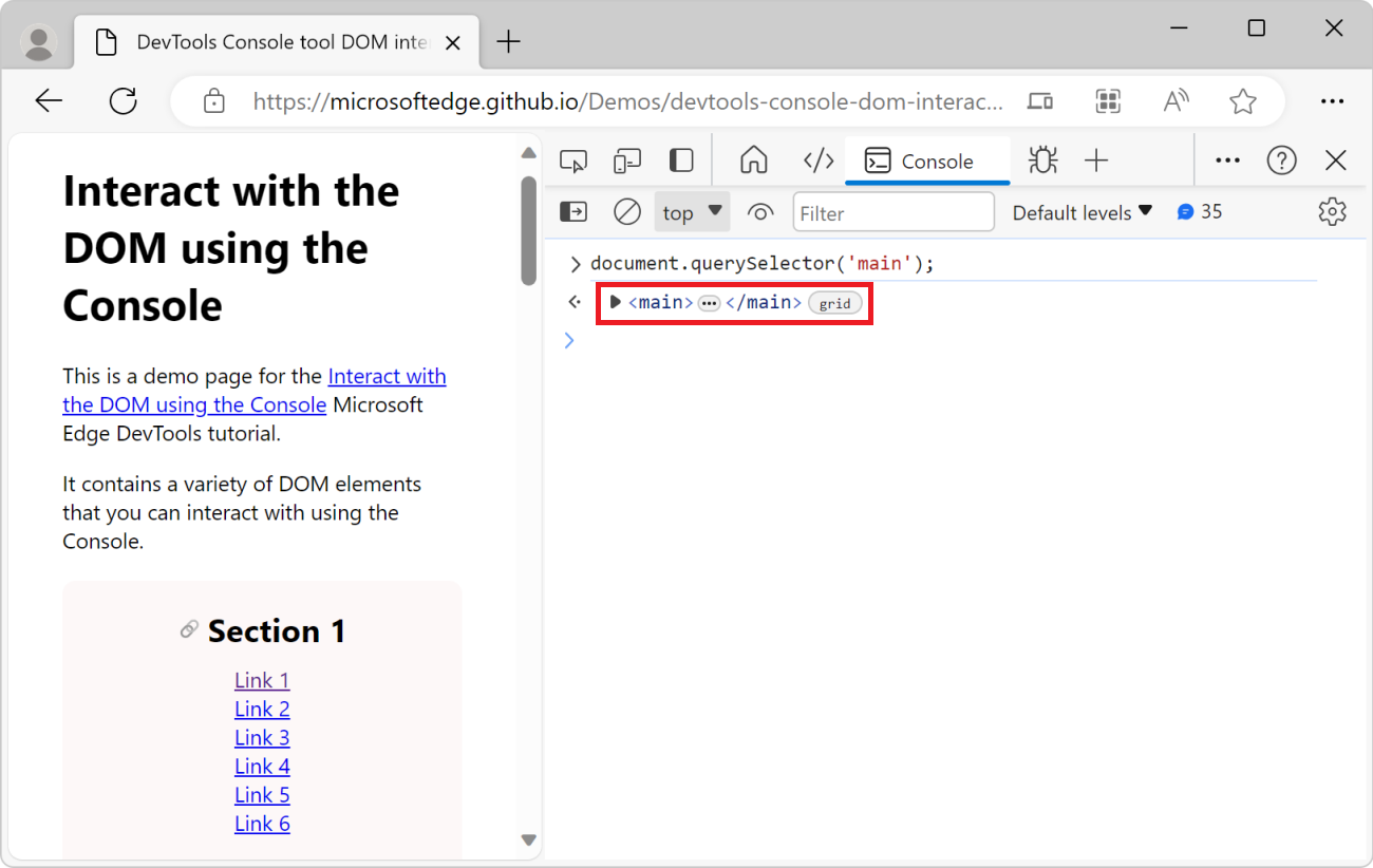 Das Konsolentool von DevTools mit dem Document.querySelector-Ausdruck und dem resultierenden Standard-Element