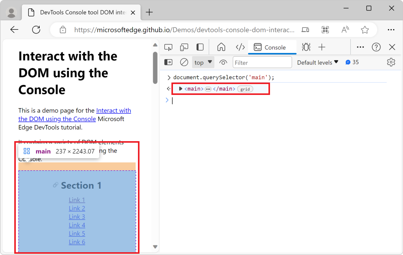 Das Standard-Element, hervorgehoben auf der gerenderten Webseite