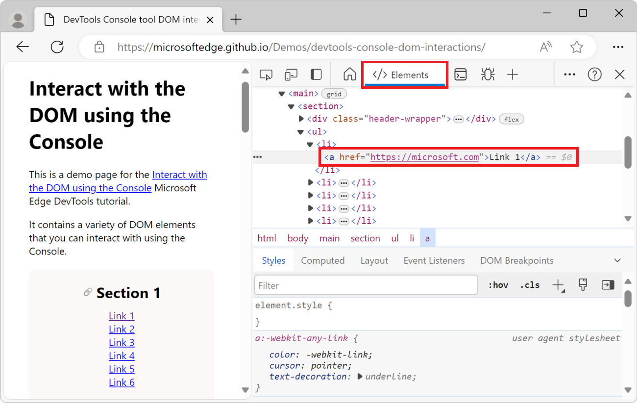 Das Elementtool in DevTools mit ausgewähltem Linkelement